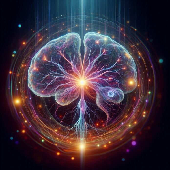 Ilustração futurista do Portal Neurônico com luzes formando o desenho de um cérebro, representando a conexão entre o presente e o futuro.