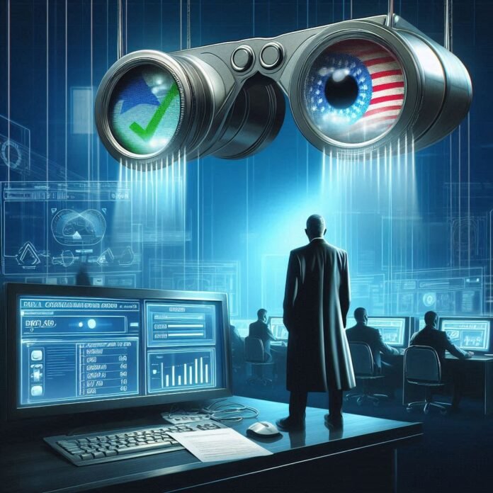 Eleitor utilizando óculos espião para votar no ano de 3024, representando um escândalo eleitoral futurista.