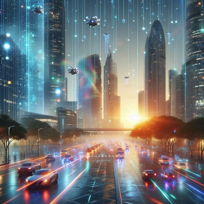 Ilustração futurista de uma tempestade de nanobots sobre a cidade de Neocibéria