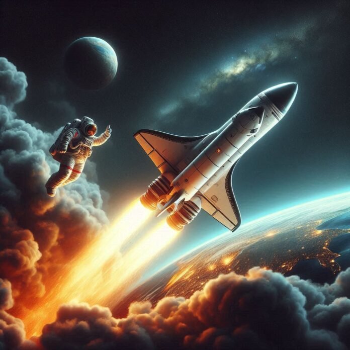 Imagem representando uma nave espacial futurista em uma missão interplanetária