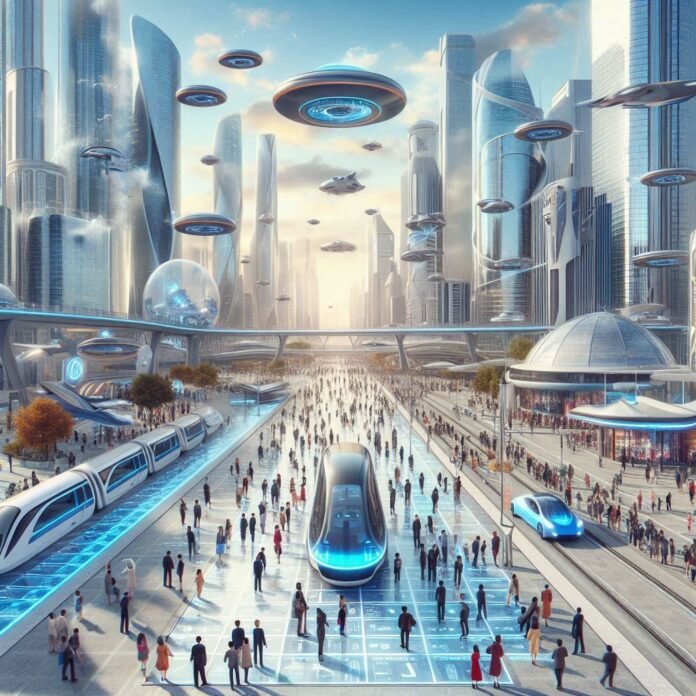 Ilustração futurista mostrando a revolução dos transportes em 3024, com Hyperloop Quântico, veículos aéreos não tripulados (VANTs) e portais de teletransporte em uma cidade avançada.