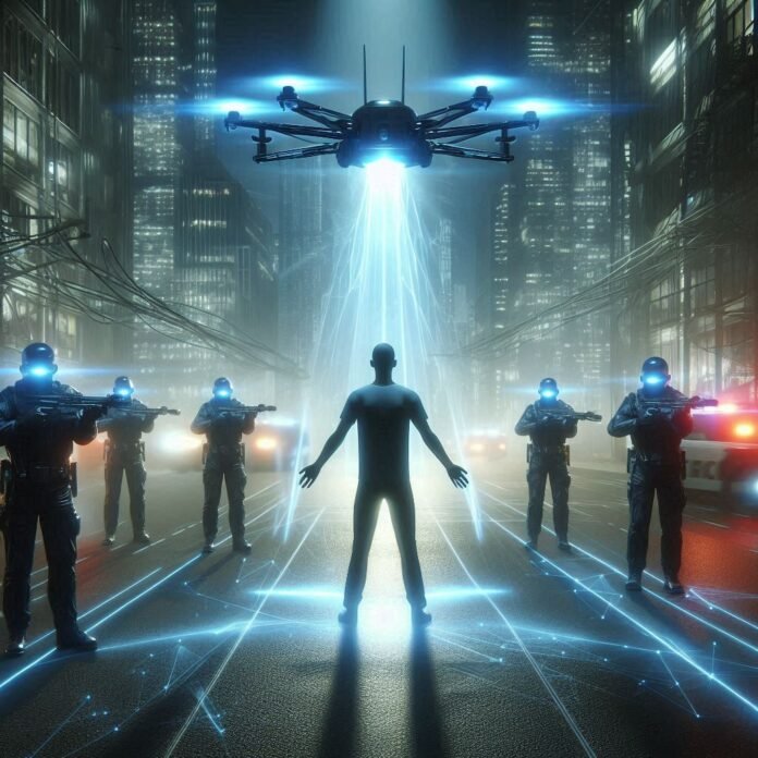 Uma representação artística mostrando drones policiais neutralizando um humano em uma cidade futurista, com tons sombrios e uma atmosfera de alta tecnologia.