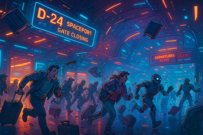 Passageiros correndo em terminal espacial devido à tendência da Teoria do Aeroporto.