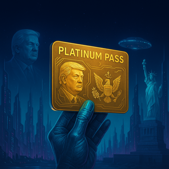 Ilustração futurista retratando uma mão robótica segurando um implante dourado Platinum Pass diante de uma cidade iluminada por luzes neon em 3025.