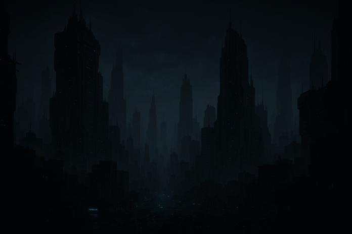 Ilustração digital de uma cidade futurista mergulhada em escuridão após um apagão global no ano 3025, com prédios altos, luzes de emergência e atmosfera sombria.
