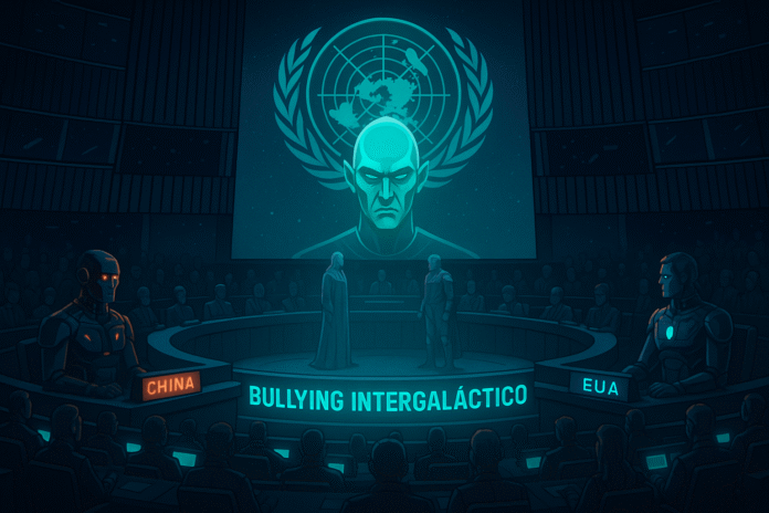 Representação futurista de uma reunião intergaláctica na ONU com o tema bullying intergaláctico entre Draconyx e EUA.