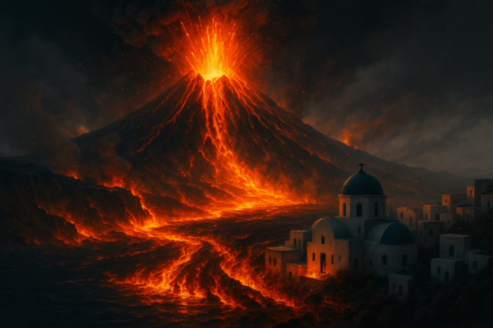 Pintura digital futurista mostra vulcão em erupção em uma ilha na Olympion no ano 3025, com lava escorrendo em direção às casas brancas típicas da região, céu coberto por fumaça e mar agitado ao redor.