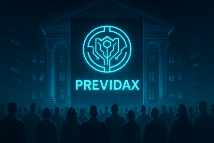 Ilustração futurista de um megaescândalo financeiro no sistema Previdax em 3025, com edifícios tecnológicos e hologramas quebrados.