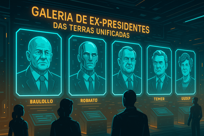 Ilustração satírica e futurista de uma galeria de ex-presidentes no Planalto do ano 3025, com retratos holográficos e detalhes distorcidos da história.