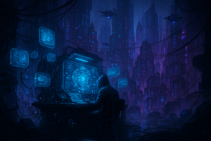 Ilustração futurista retrata hackers da Stellaron operando secretamente em um ambiente urbano cyberpunk para fraudar empresas de criptomoedas nos Dominatus.