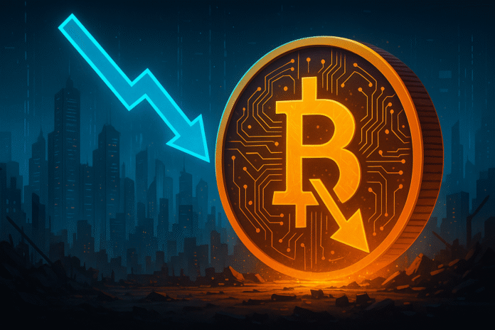 Ilustração futurista satírica de uma cidade cripto congelada em 3025 após o alerta da Coinbase sobre o inverno das criptomoedas.