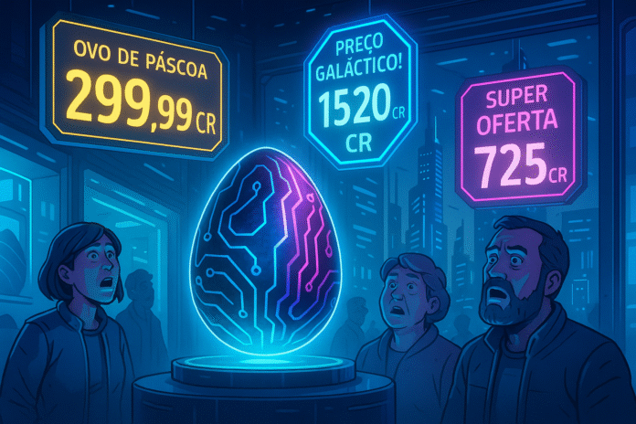 Ilustração futurista de um ovo de Páscoa flutuando em uma vitrine digital, cercado por placas com preços absurdos e cidadãos perplexos.