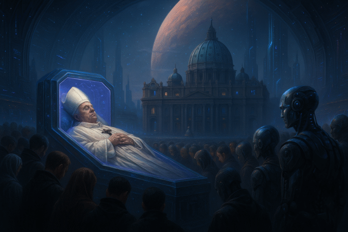 Ilustração futurista mostra o funeral do Papa Francisco no Divinor Orbital em 3025, com fiéis humanos e androides em luto.