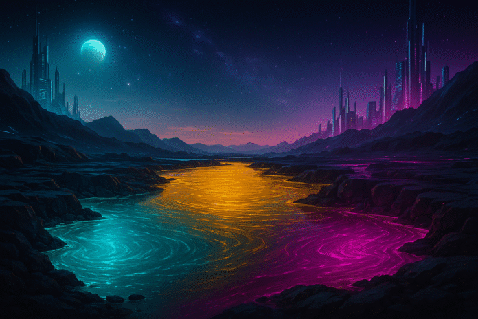 Ilustração futurista de três rios coloridos — ciano, dourado e magenta — fluindo entre cidades avançadas sob um céu cósmico.