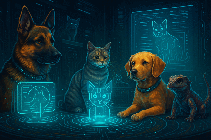 Ilustração futurista mostra o sistema SinPatinhas, com um banco de dados holográfico de animais, drones escaneando pets nas ruas e um grande letreiro brilhante com o nome do programa.