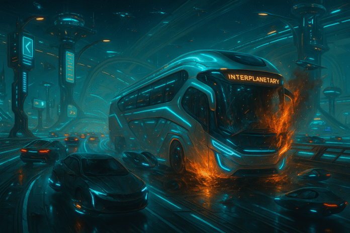 Acidente futurista com ônibus em hiperestrada interplanetária sob céu cibernético.