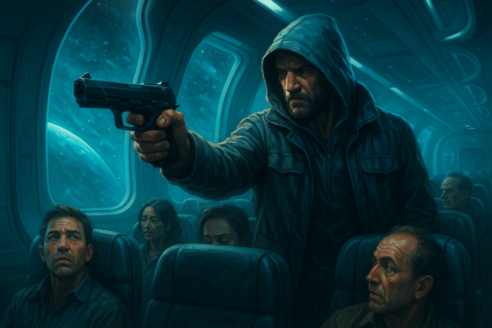 Ilustração futurista mostra um ônibus antigravidade sendo sequestrado por um ex-cobrador em uma cidade distópica de Neo-Neonis no ano 3025, com drones policiais e cidadãos em choque.
